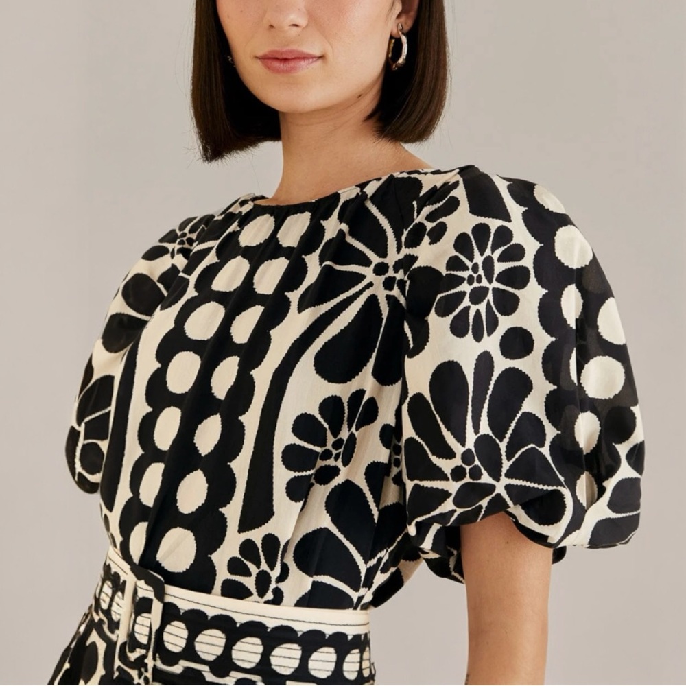 FARM RIO Black and Cream Puff Sleeve Print Blouse Top Sz Small Palermo Mix Print